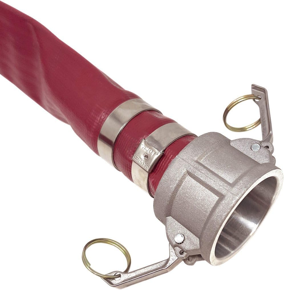Gloxco 2-1/2' x 100′ Red Heavy Duty Lay Flat PVC Discharge Hose Assembly with Aluminum Cam and Groove C and E Fittings