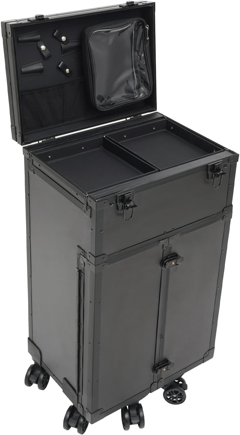 Rolling Makeup Train Case Professional Cosmetic Trolley Makeup Travel Organizer with Wheels Black 15.75 * 11.81 * 31.5in
