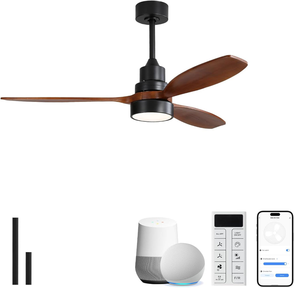 Sofucor 52 Inch Smart Ceiling Fans no Light, 3 Blade Wood Ceiling Fan Works with Remote/App/Alexa/Google, for Indoor Bedroom Living Room Outdoor Patio Porch, Brown