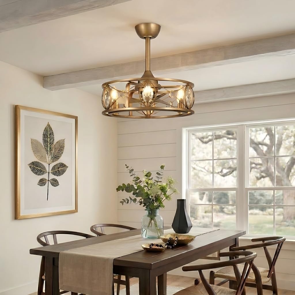 22-Inch Antique Brass Crystal Caged Ceiling Fan with Lights and Remote, Modern Drum Fandelier with Reversible AC Motor, Luxury Enclosed Flush Mount Ceiling Fan for Bedroom Living Room