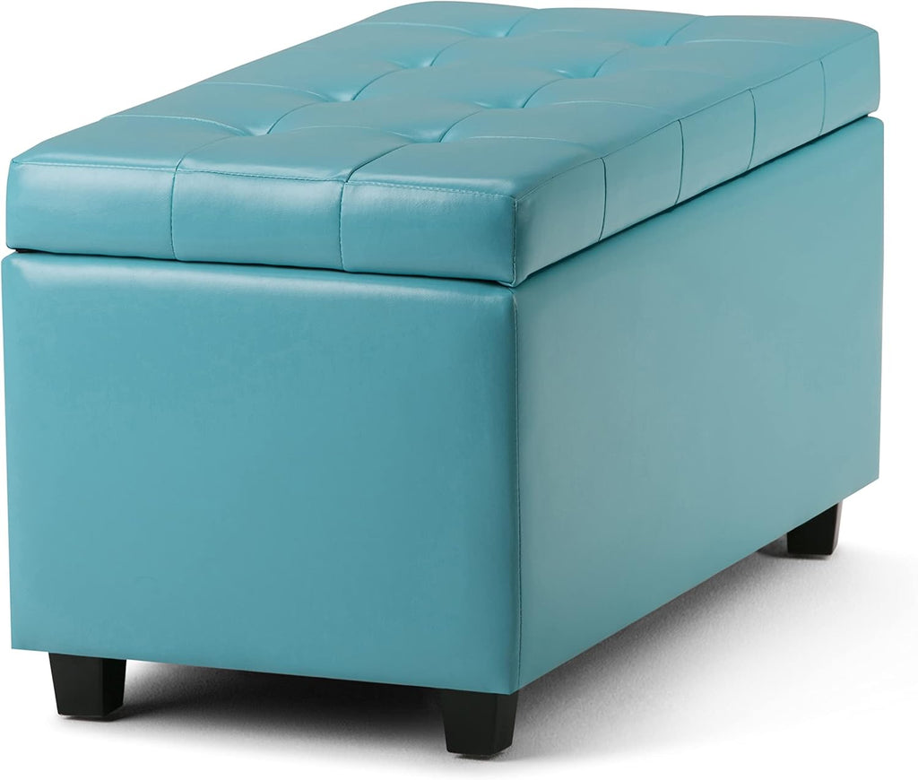 SIMPLIHOME Cosmopolitan Storage Ottoman - 34 inch Wide Upholstered Vegan Leather Rectangle Storage Ottoman Bench in Soft Blue, Transitional Tufted Ottoman for Living Room or Entryway with Lift-Up Lid