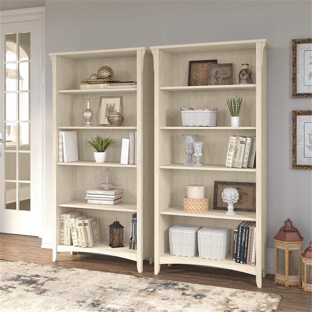 Bush Home Salinas Tall 5 Shelf Bookcase - Set of 2 in Antique White, Vertical Office Storage, Bookshelves for Home Workspace, Multi-Purpose Shelving Units