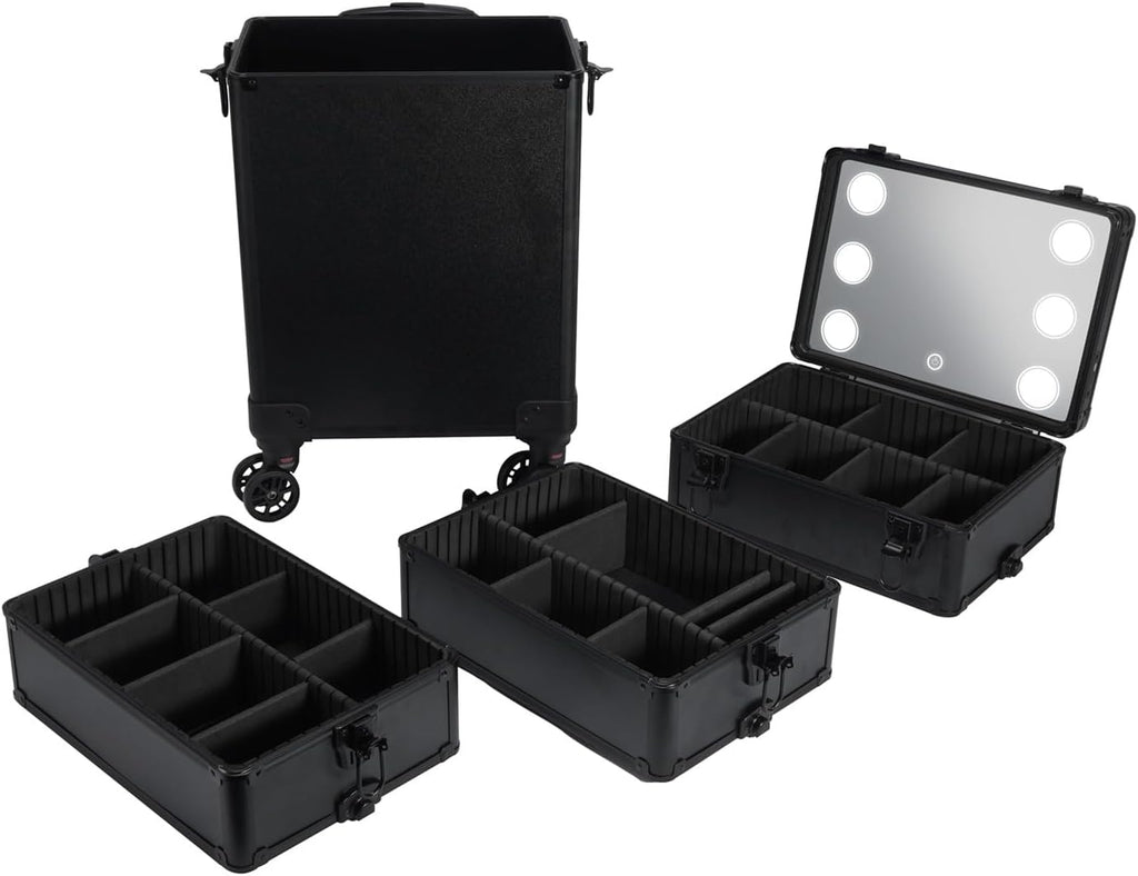 Karl home 4 in 1 Makeup Train Case with 3 Color LED Light Mirror, Rolling Cosmetic Trolley Travel Organizer with Key 360° Swivel Wheels for Beauticians Hairstylists Nail Tech Students, Black