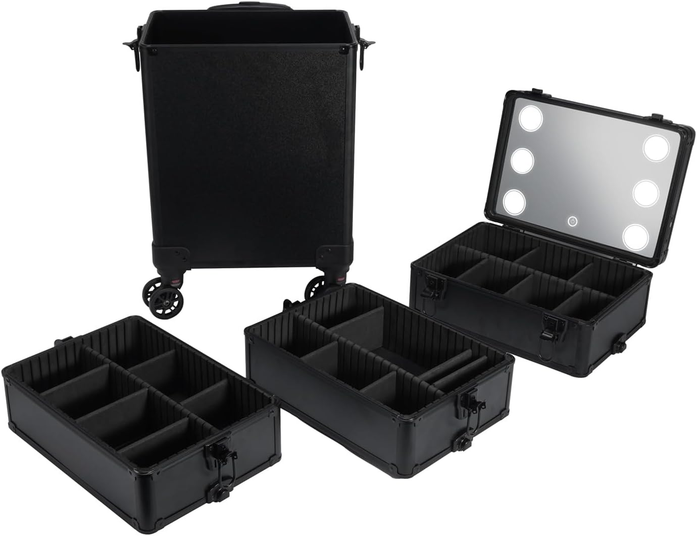 Karl home 4 in 1 Makeup Train Case with 3 Color LED Light Mirror, Rolling Cosmetic Trolley Travel Organizer with Key 360° Swivel Wheels for Beauticians Hairstylists Nail Tech Students, Black