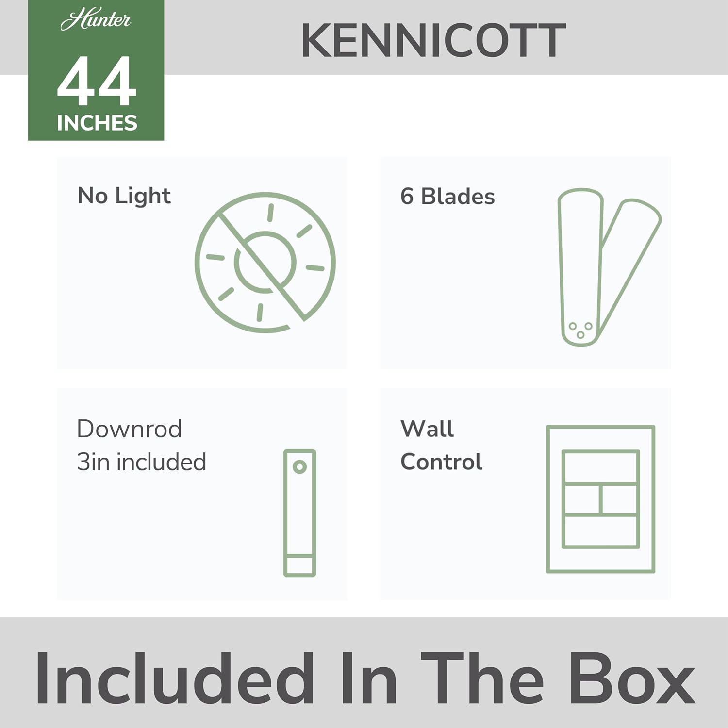 Hunter 44 inch Outdoor or Indoor Ceiling Fan No Light - Black Ceiling Fan without Light, For Patio, Porch, Garage, or Living Room, Standard Mount, 6 Blades, Wall Control - Kennicott 59613, Matte Black