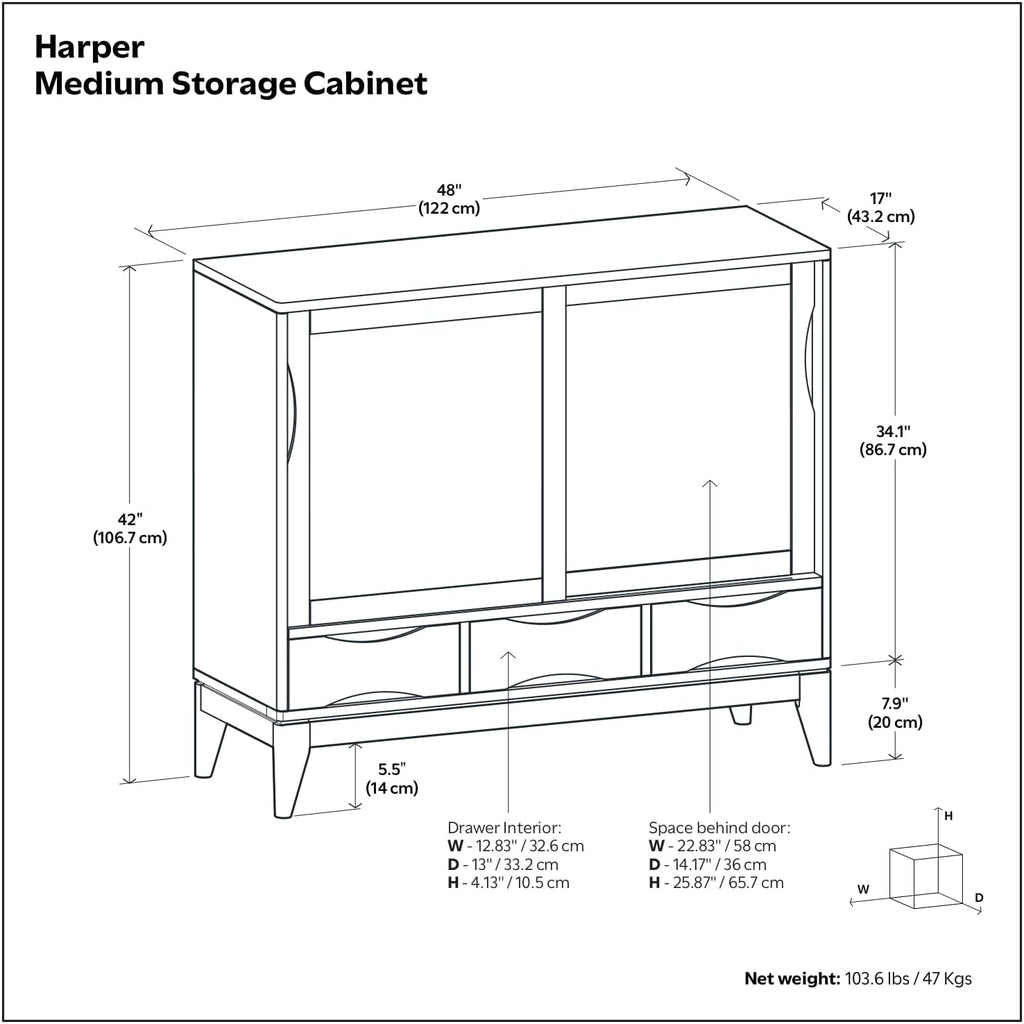 SIMPLIHOME Harper Medium Storage Cabinet - 48 inch Wide Solid Hardwood Sliding Door Cabinet in Black, Mid-Century Modern Cupboard for Living Room or Entryway with 3 Drawers and Tapered Legs