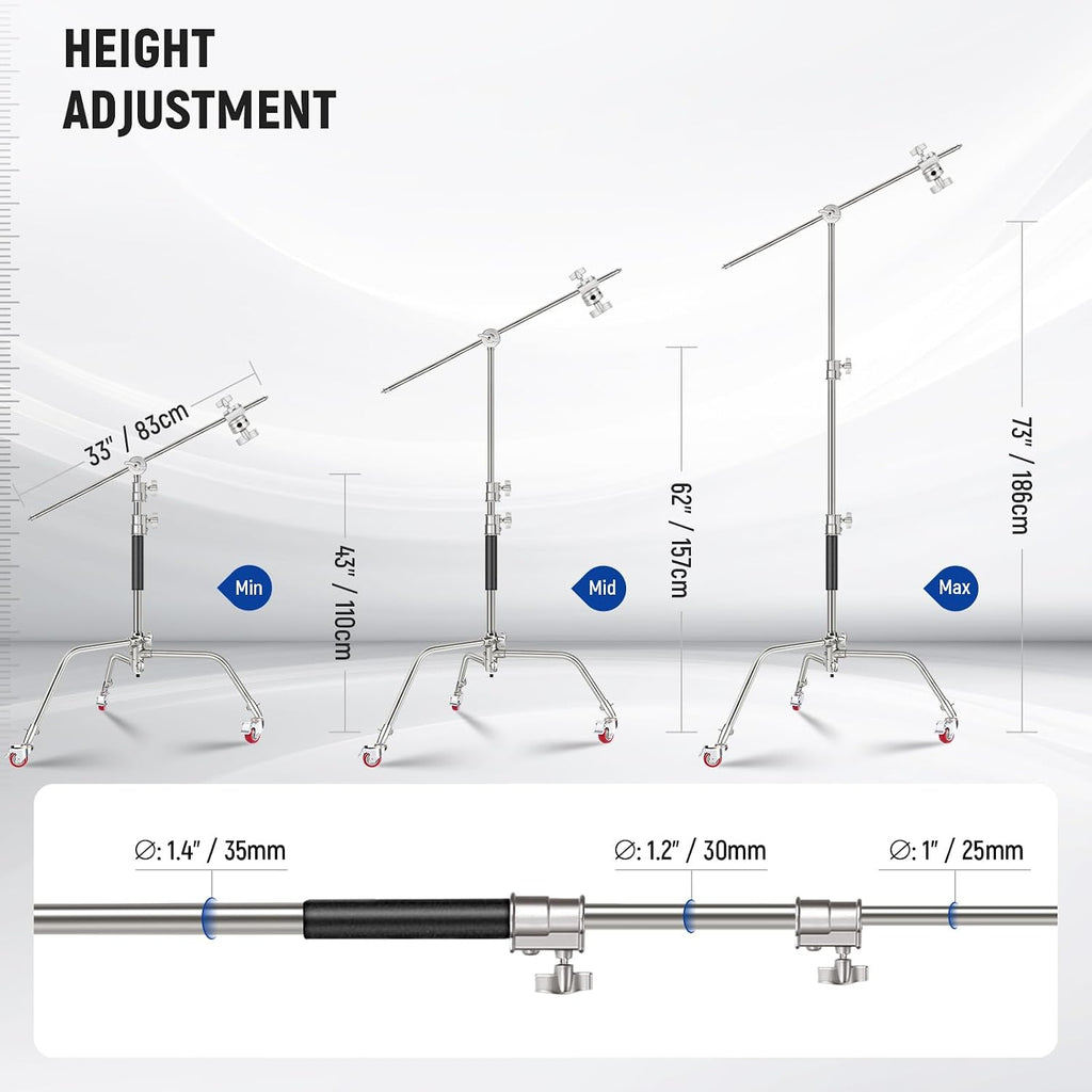 NEEWER Stainless Steel Heavy Duty C Stand with Swivel Casters, 43'-73'/110-186cm Photography Light Stand with 33'/83cm Boom Arm, 2 Grip Heads for Studio Monolight, Softbox, Reflector, SC186W