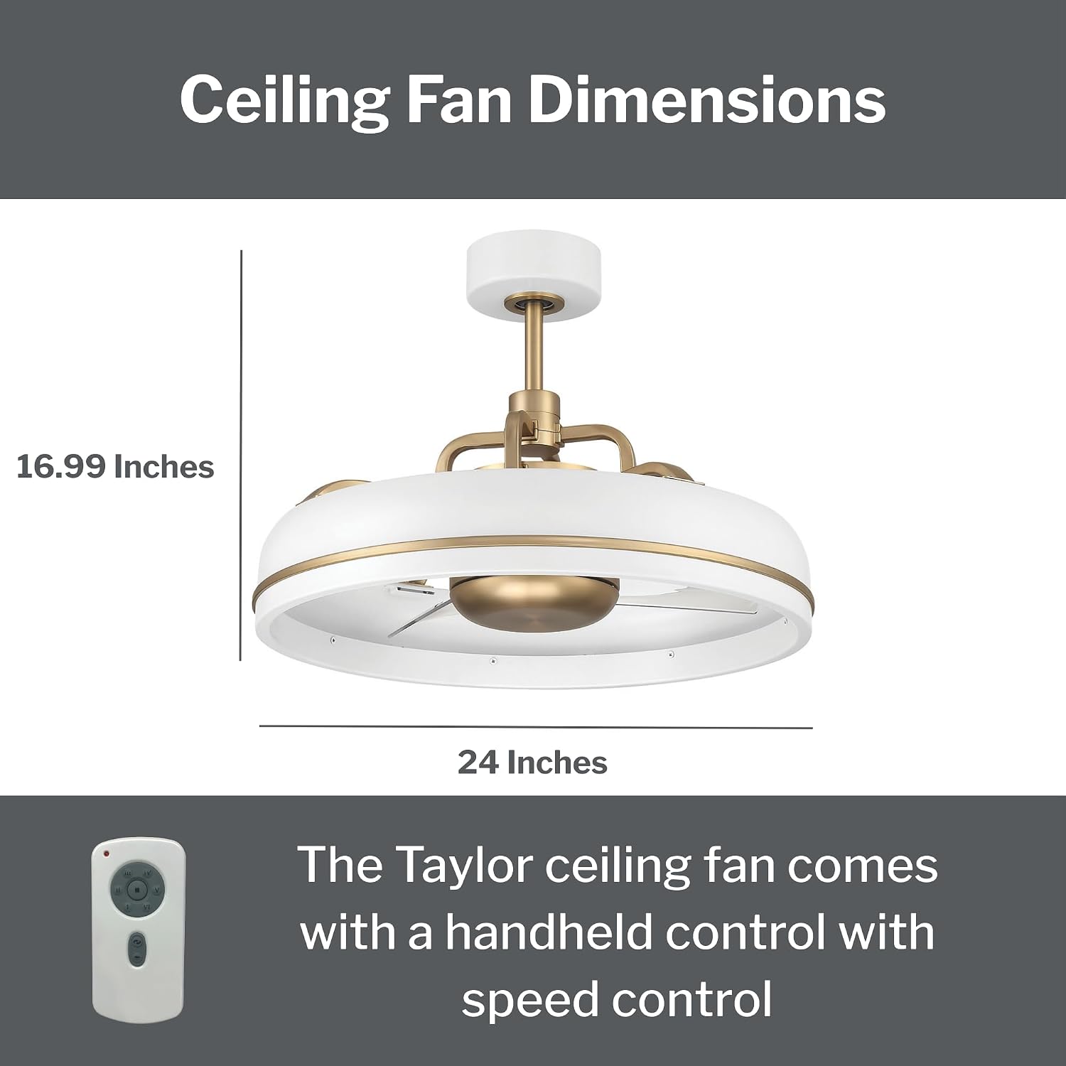 Craftmade TYL24WSB3-NWF Taylor 24 Inch 3 Blade Ceiling Fan | White and Satin Brass Finish with Clear Acrylic Blades | Integrated 1167 Lumens LED 3000K | Remote Included | DC Motor Indoor Fandelier