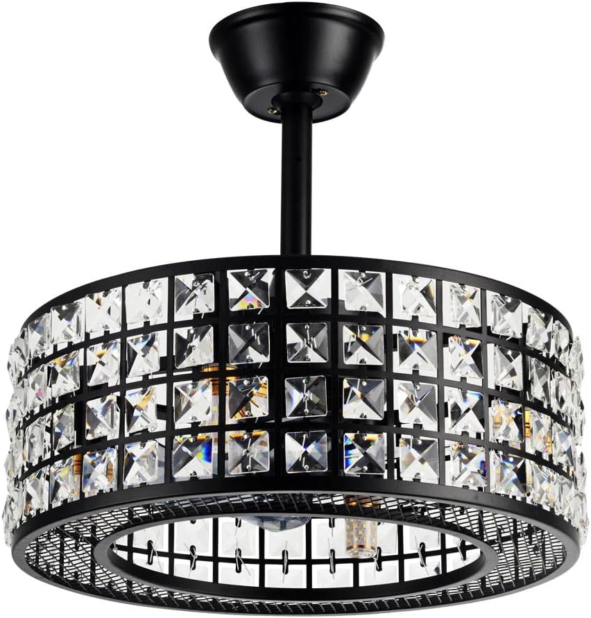 Crystal Ceiling Fan with Light and Remote, Black Caged Chandelier Fan 3 Speeds Timer Industrial Bladeless Dimmable Fandelier for Bedroom Dinning Room