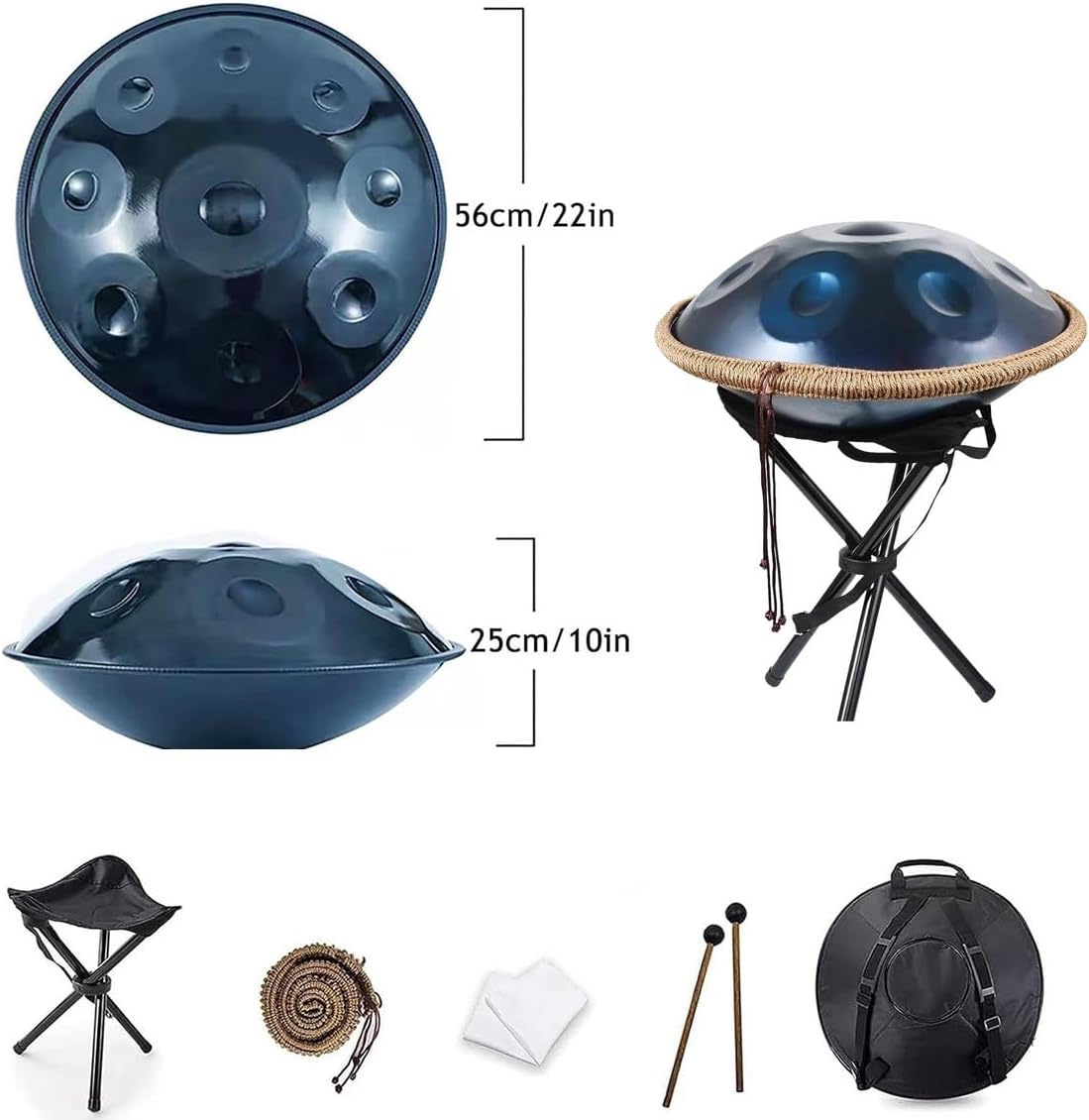 Handpan Drums for Adults Steel Handpan D Minor Kurd 22 Inches 9/10/12 Notes 440hz 432hz Harmonic Percussion Instrument for Sound Healing, Personal Meditation, Yoga(Gold,440HZ/9Note)