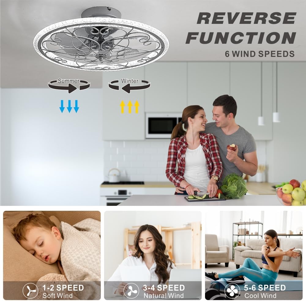 lifeholder Low Profile Ceiling Fan with Lights Remote 20' Ceiling Fan Flush Mount Enclosed Ceiling Light Dimmable Ceiling Lights Chandeliers Handmade Silver