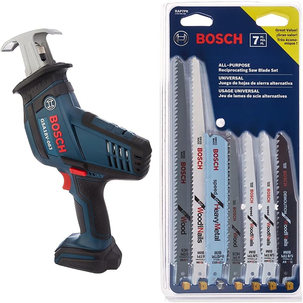 BOSCH GSA18V-083B 18 V Compact Reciprocating Saw Bare Tool with BOSCH RAP7PK 7-Piece Reciprocating Saw Blade Set