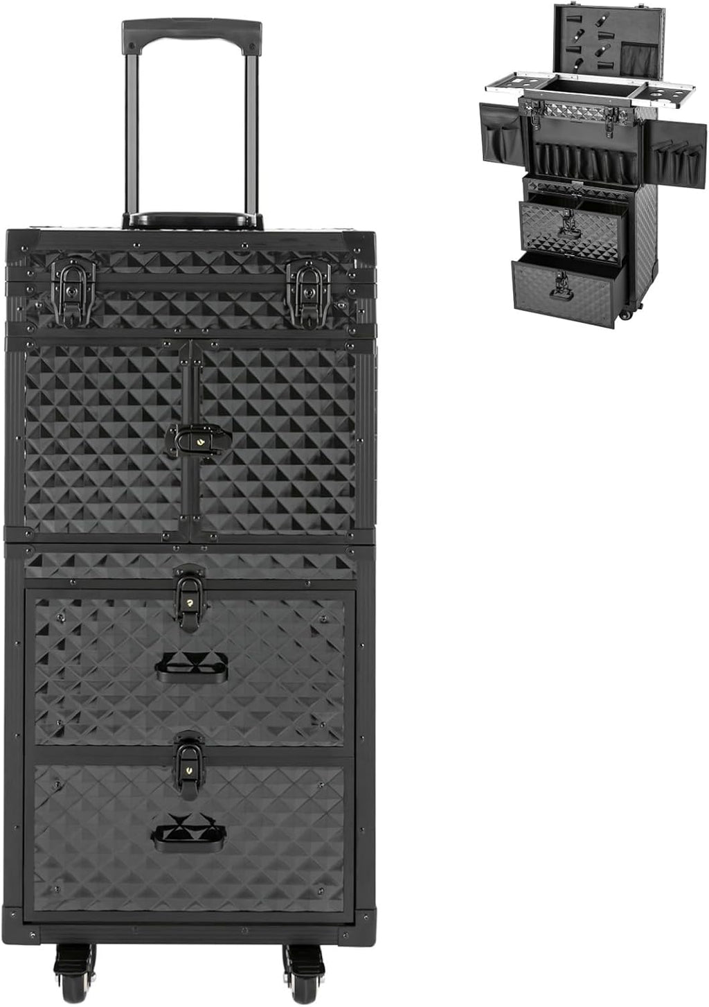 Rolling Makeup Suitcase with 2 Drawers, Lockable Nail Salon Cart Makeup Train Case Cosmetic Luggage for Beauty, Cosmetology Case on Wheels Trolley Cart for Manicure Hairstylist