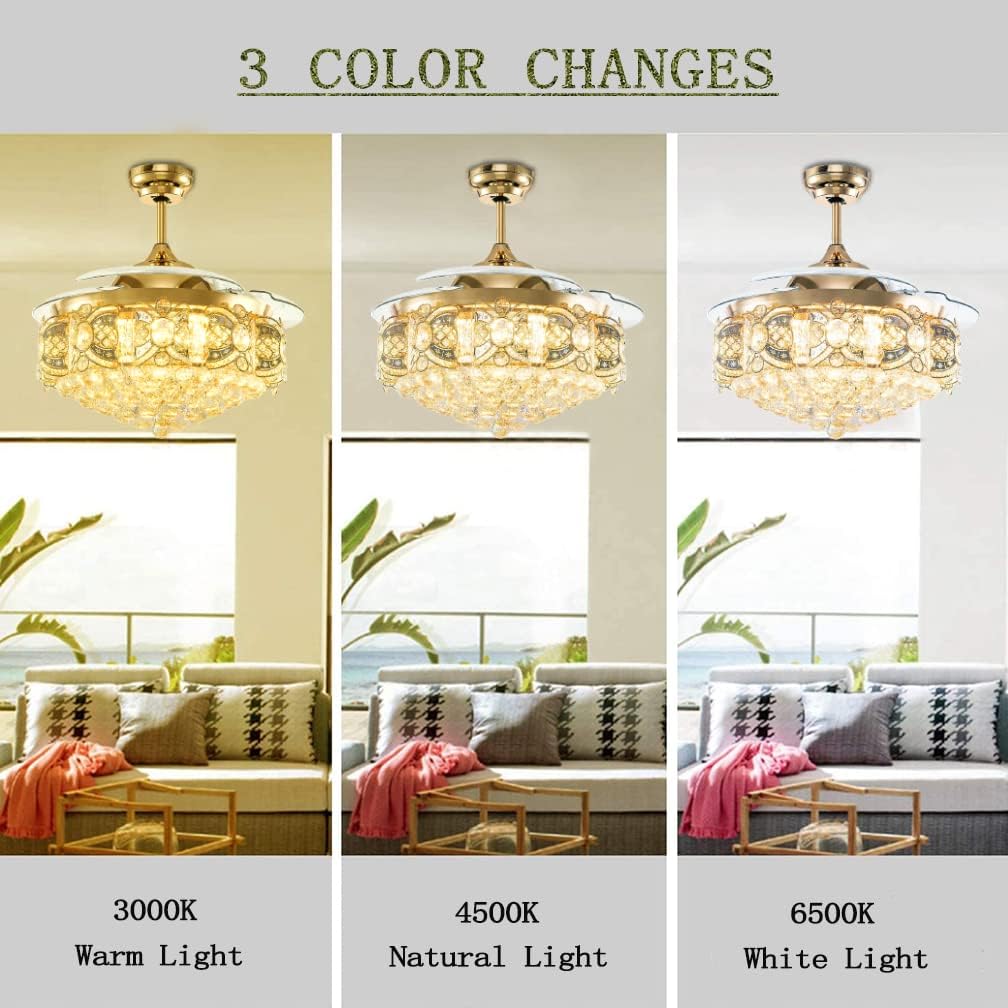 Crystal Fandelier Ceiling Fan with Light, Modern Retractable Crystal Chandeliers Ceiling Fan, Chandelier Fan with 3 Color Change for Dining Room Bedroom (Rose Gold)