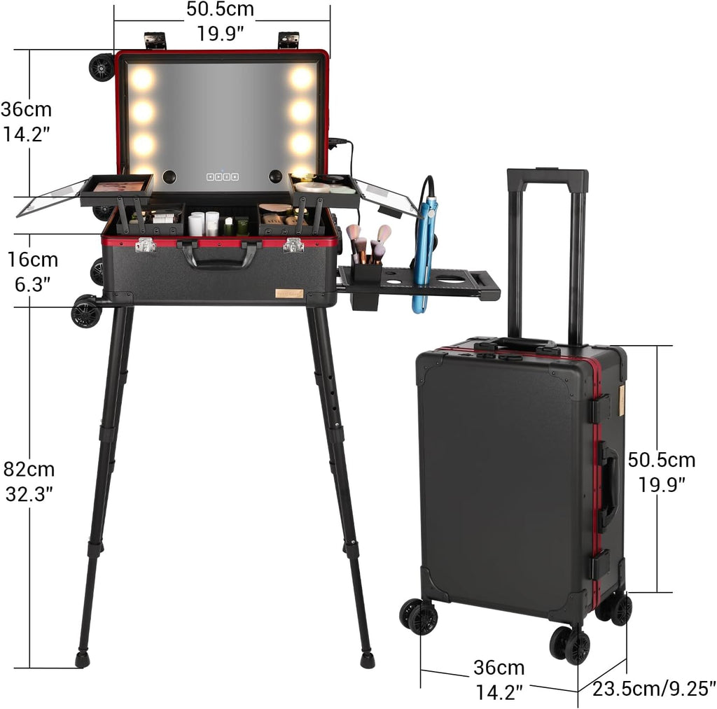 20' Aluminum Ligthed Makeup Train Case with LED Lights Professional Cosmetic Organizer Studio with Speaker, Wheels and Stands Rolling Trolley Makeup Vanity Station for Travel (Black)