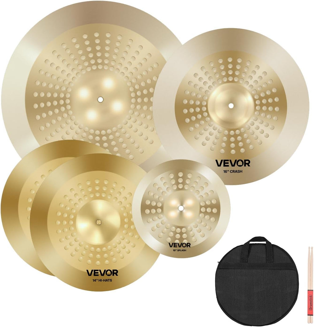VEVOR Cymbal Pack, 4 Pieces Cymbals for Drum Set, Alloy Cymbals Drum Set Includes 14-inch Hi-Hats, 16-inch Crash, 20-inch Ride, 10-inch Splash, Drumsticks & Cymbal Bag, Alloy Cymbal Pack for Drummer