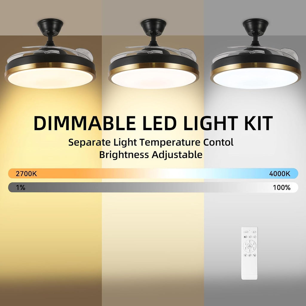 Retractable Ceiling Fan with Lights, 42' Fandelier, Black and Gold Bluetooth Ceiling Fan, Invisible Blades, Dimmable Chandelier Ceiling Fan with Remote Control
