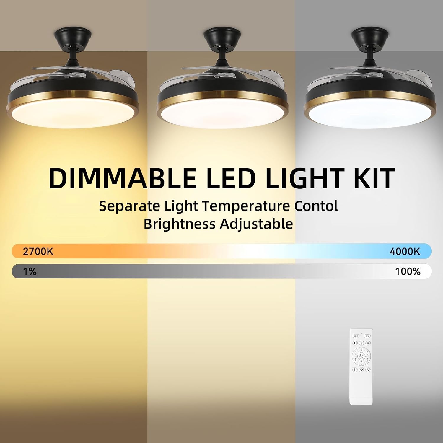 Retractable Ceiling Fan with Lights, 42' Fandelier, Black and Gold Bluetooth Ceiling Fan, Invisible Blades, Dimmable Chandelier Ceiling Fan with Remote Control