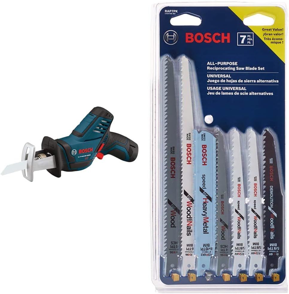 BOSCH 12-Volt Max Pocket Reciprocating Saw Kit PS60-102, Blue with Bosch RAP7PK 7-Piece Reciprocating Saw Blade Set