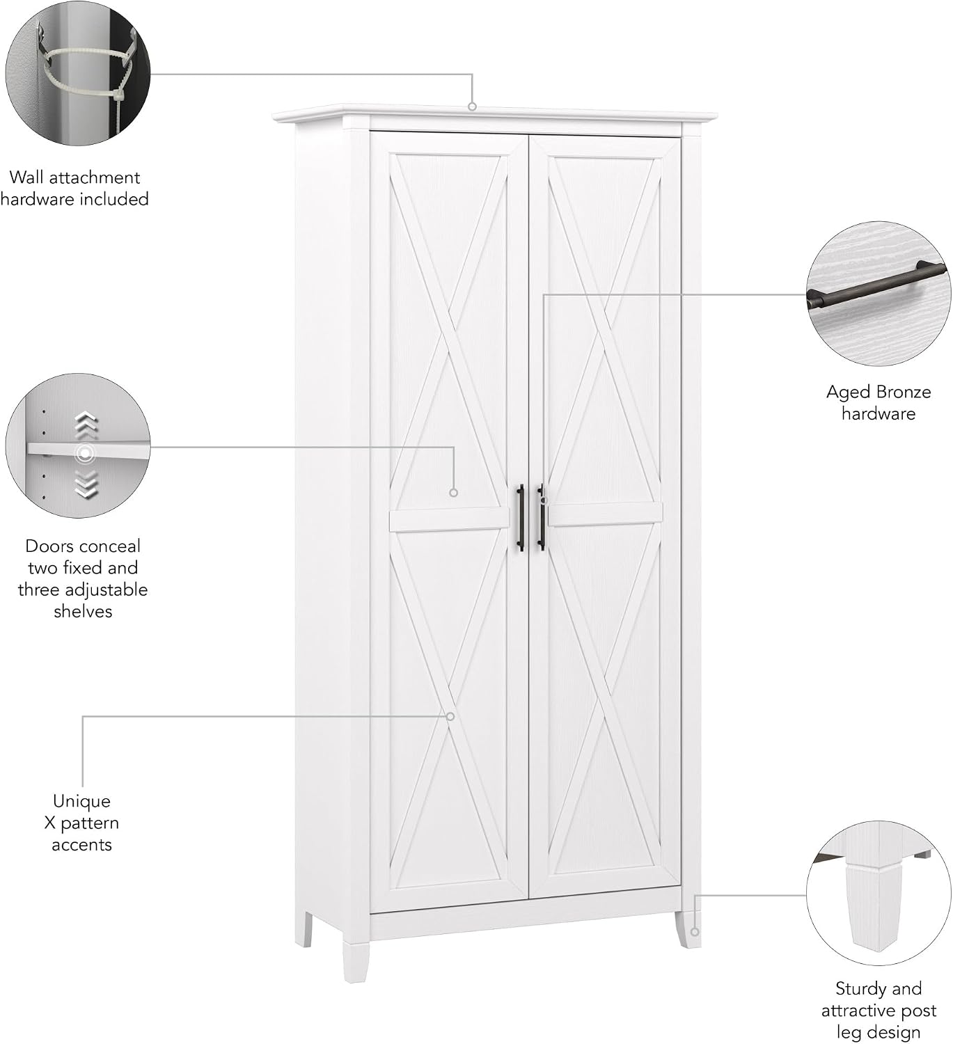 Bush Home Key West Tall Storage Cabinet with Doors in Pure White Oak