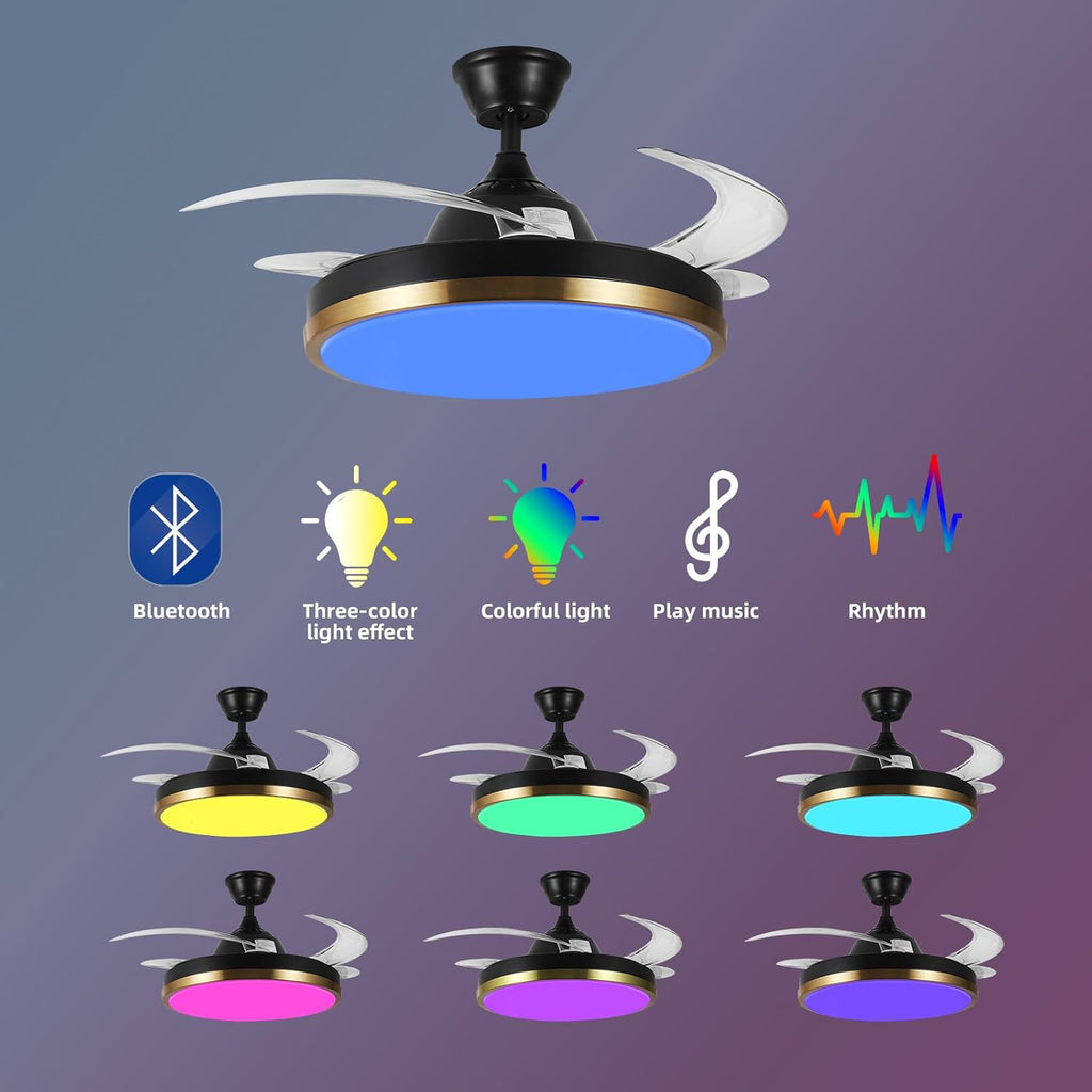 Retractable Ceiling Fan with Lights, 42' Fandelier, Black and Gold Bluetooth Ceiling Fan, Invisible Blades, Dimmable Chandelier Ceiling Fan with Remote Control