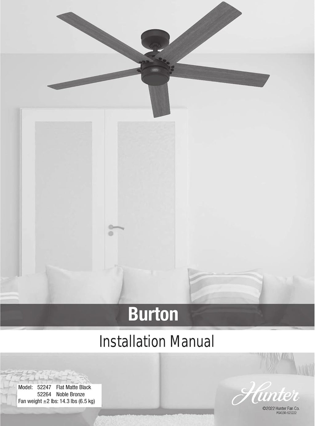 Hunter 52 inch Outdoor or Indoor Ceiling Fan No Light - Bronze Ceiling Fan without Light, For Patio, Porch, Garage, or Living Room, Standard Mount, 5 Blades, Wall Control - Burton 52264, Noble Bronze