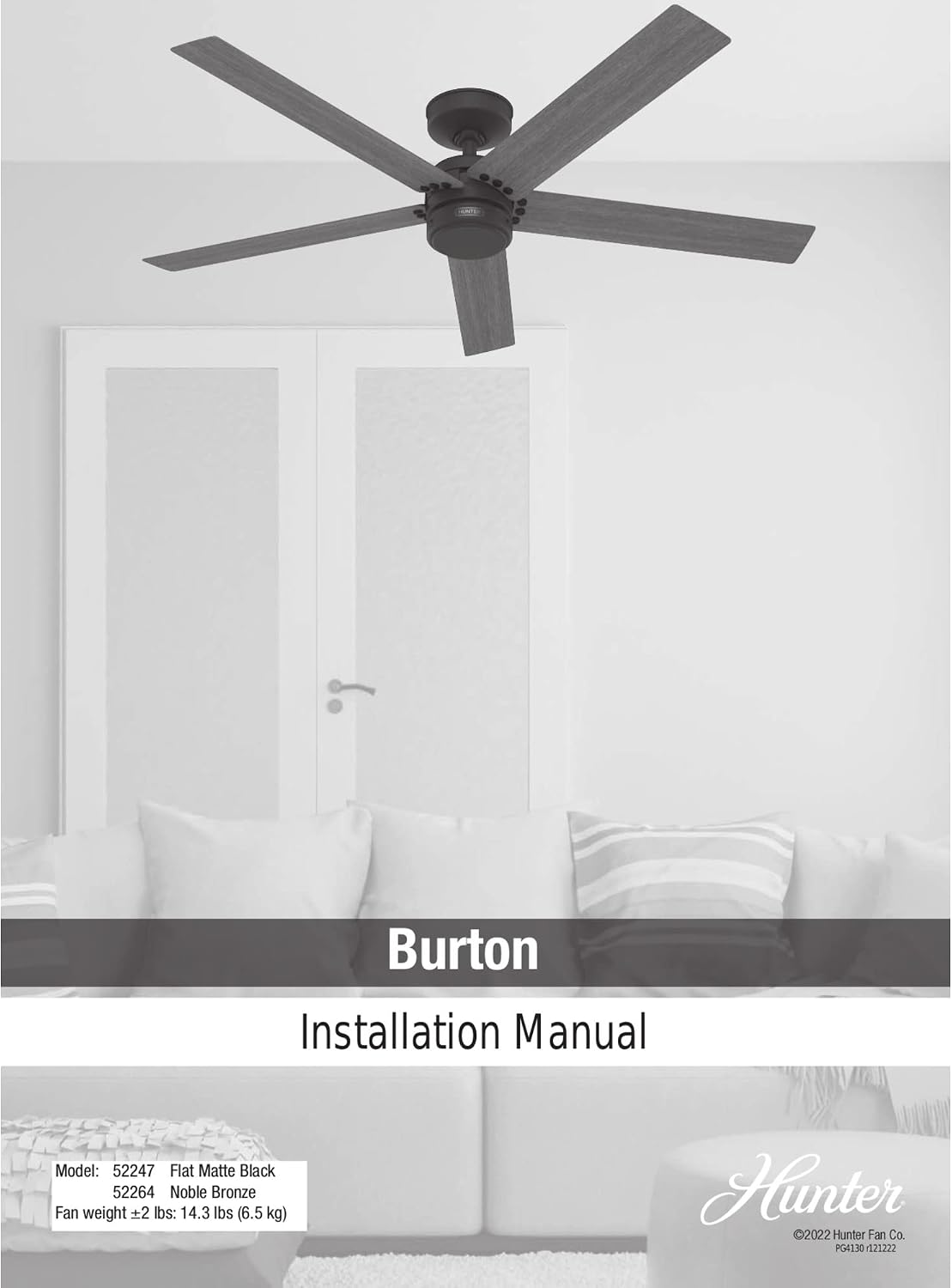 Hunter 52 inch Outdoor or Indoor Ceiling Fan No Light - Bronze Ceiling Fan without Light, For Patio, Porch, Garage, or Living Room, Standard Mount, 5 Blades, Wall Control - Burton 52264, Noble Bronze