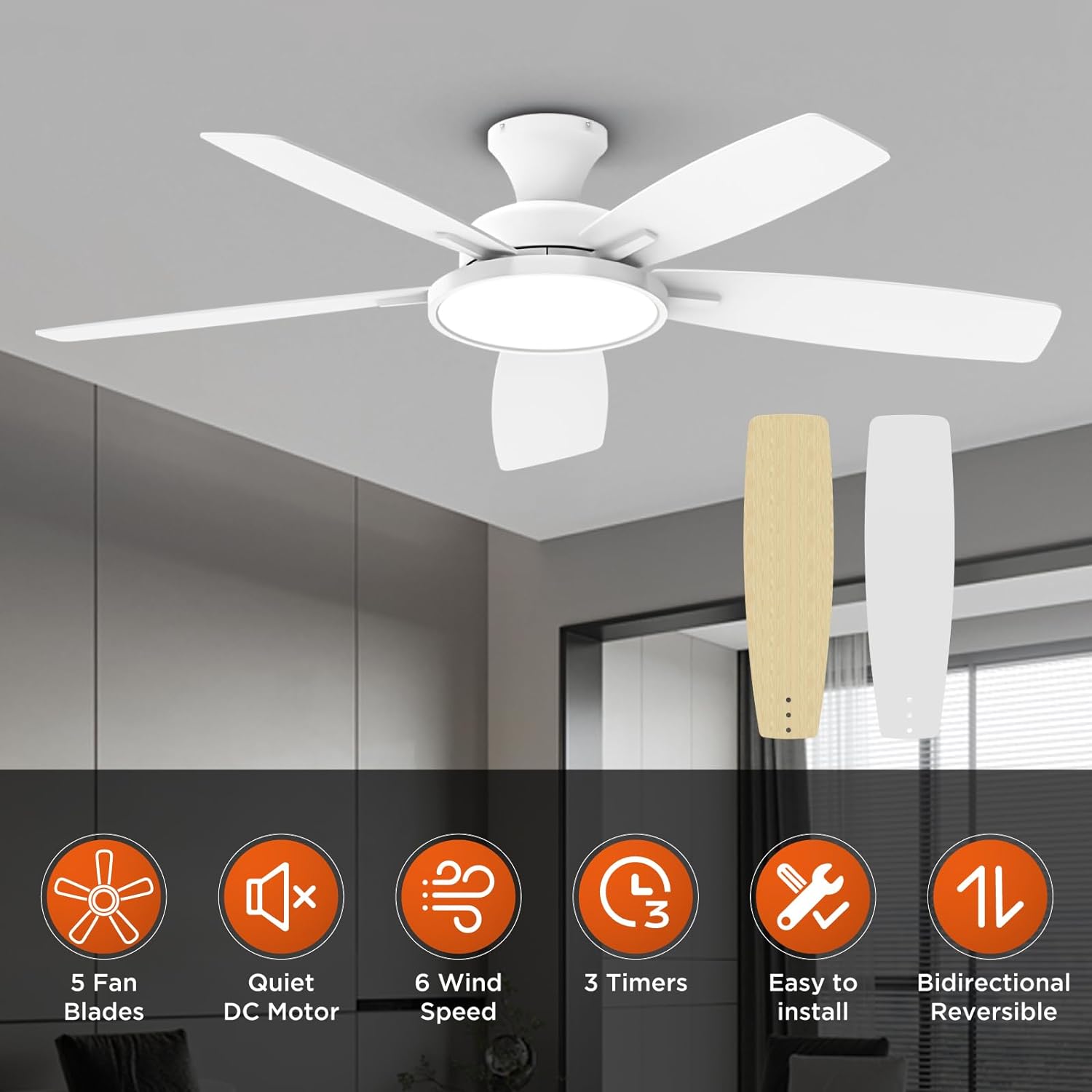 TALOYA 52 inch Ceiling Fans with Lights and Remote, Low Profile Ceiling Fan with Light, Flush Mount, Reversible, 3CCT, Dimmable, Ultra Quiet White Ceiling Fan for Bedroom Living Room Indoor Outdoor