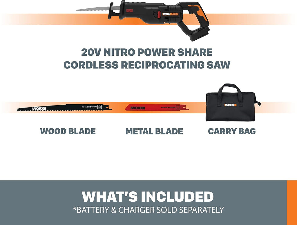 Worx Nitro WX516L.9 20V Power Share Cordless Reciprocating Saw with Brushless Motor (Tool Only)