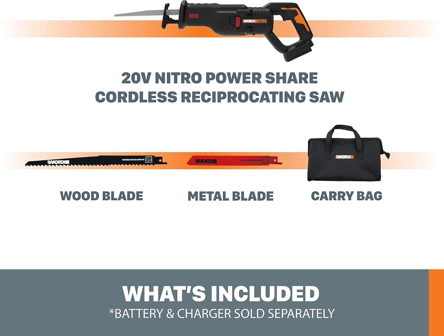 Worx Nitro WX516L.9 20V Power Share Cordless Reciprocating Saw with Brushless Motor (Tool Only)