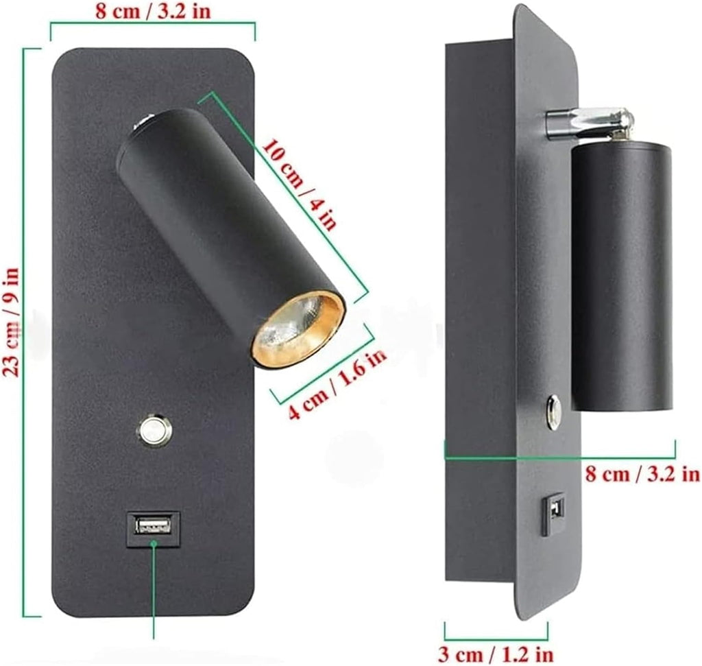 LED Bedside Reading Light Rotatable Indoor Spotlight Modern Wall Lamp with USB Charging Port Push Button Switch 7W Wall Mounted Light for Bedroom Living Room Hotel Hallway