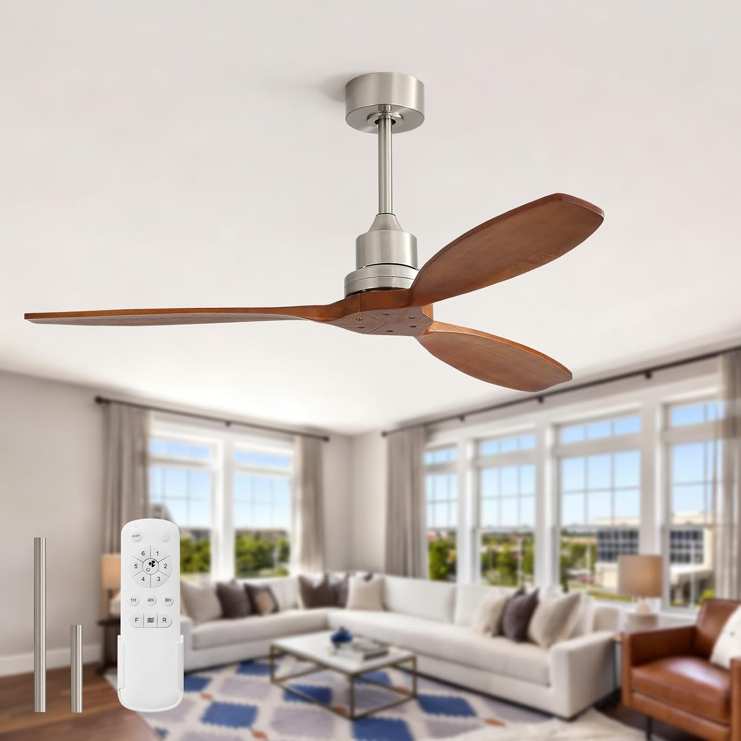 Sofucor Ceiling Fan no Lights, 52 Inch Modern Wood Ceiling Fan with Remote, for Indoor Bedroom Living Room Outdoor Patio Porch, Reversible DC Motor, Brown
