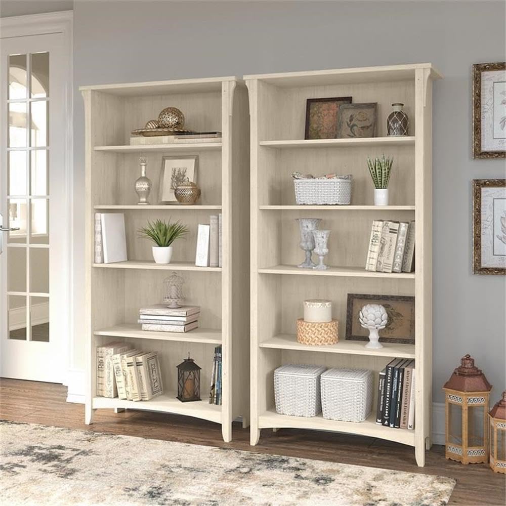 Bush Home Salinas Tall 5 Shelf Bookcase - Set of 2 in Antique White, Vertical Office Storage, Bookshelves for Home Workspace, Multi-Purpose Shelving Units
