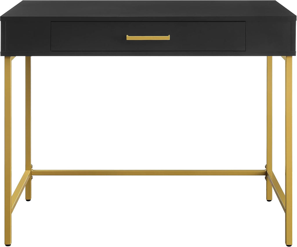 OSP Home Furnishings Modern Life Contemporary Writing Desk with Large Drawer and Gold Metal Legs, Black Finish