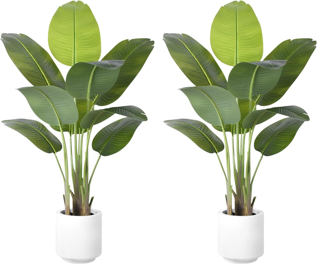 Artificial Bird of Paradise Plant 4Ft Tall Fake Tropical Palm Tree Large Fake Plants with 9 Silk Banana Leaves Faux Plant Indoor Decor Trees with White Pot for Home Bedroom Living Room Office（2pcs）