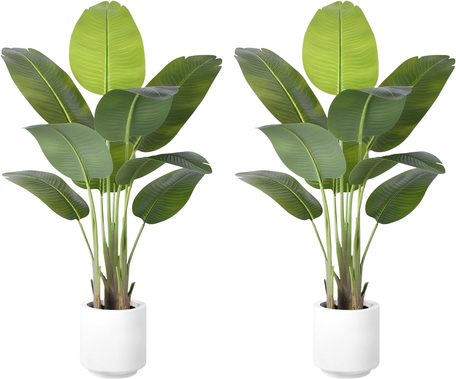 Artificial Bird of Paradise Plant 4Ft Tall Fake Tropical Palm Tree Large Fake Plants with 9 Silk Banana Leaves Faux Plant Indoor Decor Trees with White Pot for Home Bedroom Living Room Office（2pcs）