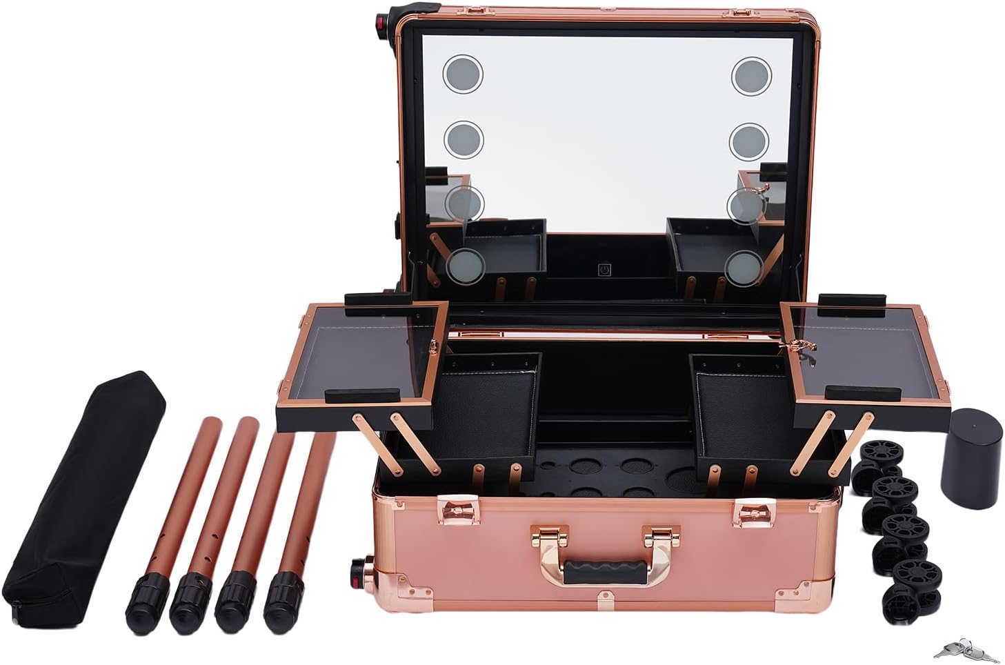 Makeup Train Case, 22' Aluminum Rolling Makeup Train Case with Mirror & 8 Led Bulbs, Adjustable Light Color Brightness& Height Cosmetic Travel Box for Make-Up Artist Hairdresser Nail Technician