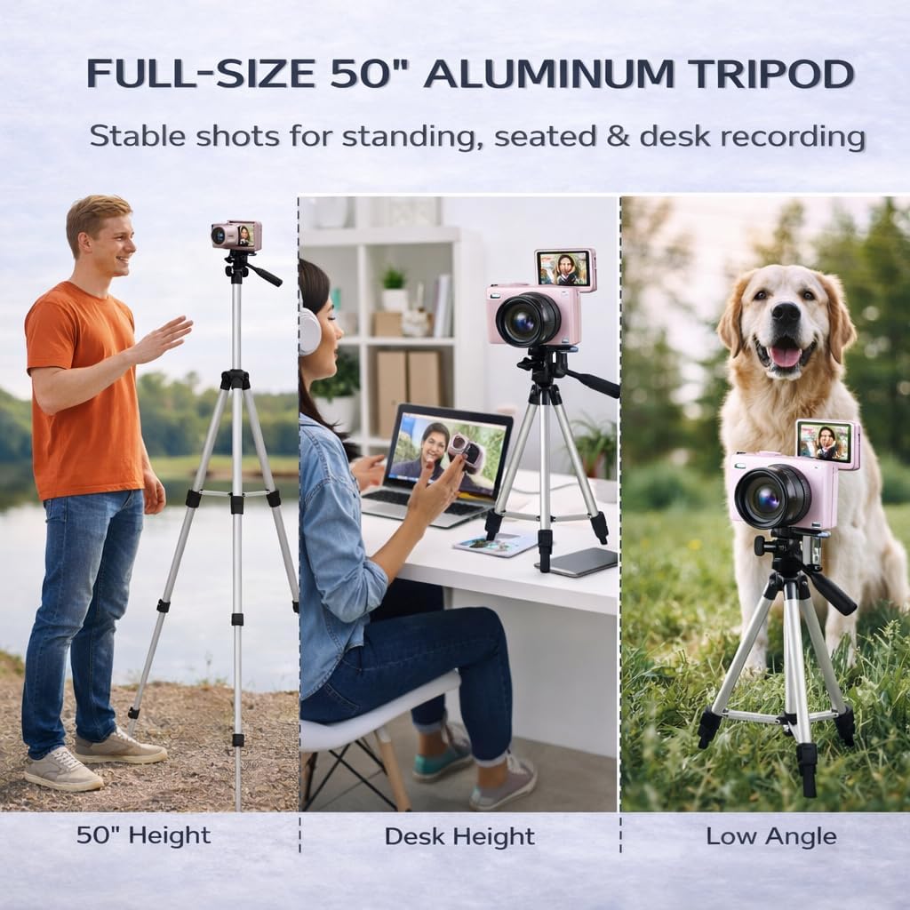 Acuvar 4K 64MP Digital Camera Kit for Photography, Vlogging Camera for YouTube with Flip Screen, WiFi, Wide Angle & Macro Lens, 64GB Micro SD Card, 50' Tripod, Case, Card Reader, Mic, LED Light
