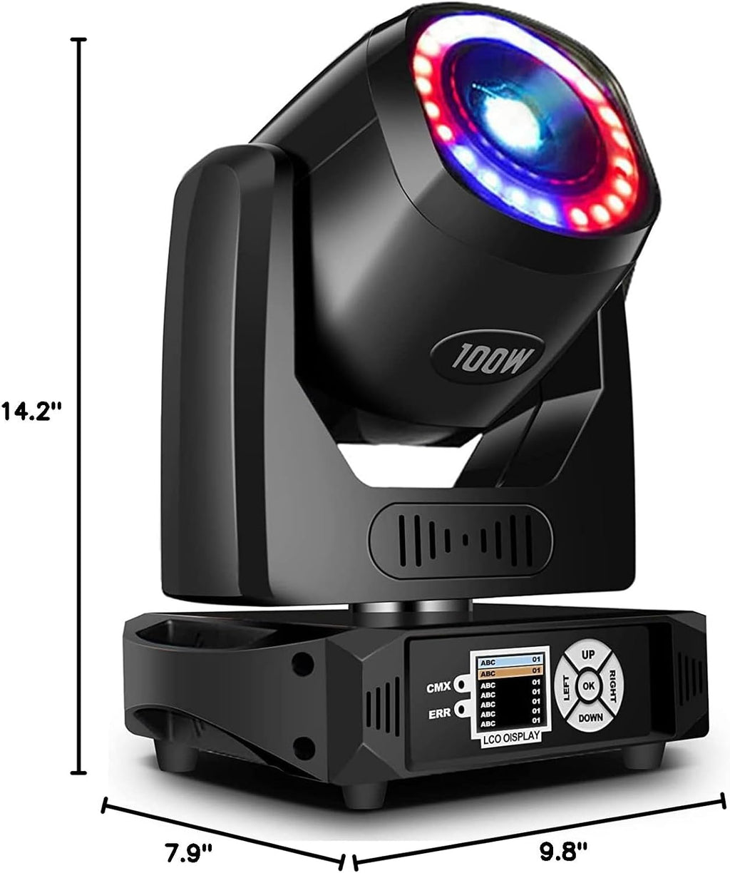 SHEHDS Moving Head Lights with LED Ring LED 100W 7 Dynamic & 6 Static Gobos 8 Colors Spotlights 6-Facet Prism DMX512 DJ Stage Lights with Unique Aperture Effect for Holiday Wedding Party Dance Disco