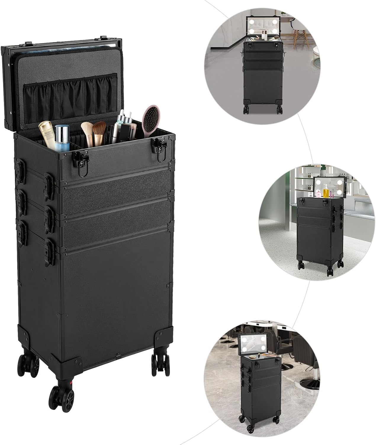 Rolling Makeup Case with Lighted Mirror, 5 in 1 Train Case on Wheels Large Beauty Salon Luggage Cosmetic Trolley for Cosmetology Nail Tech Hairstylist, Black