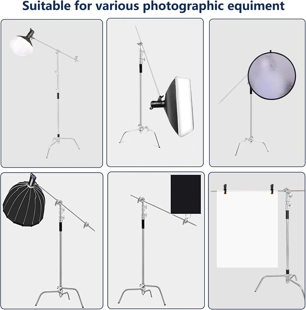 C Stand with Boom Arm Heavy Duty Photography C Light Stands Kit, Max Height 10.5ft/320cm, with 4.2ft/128cm Holding Arm, for Photography Studio, Reflector, Umbrella, Softbox