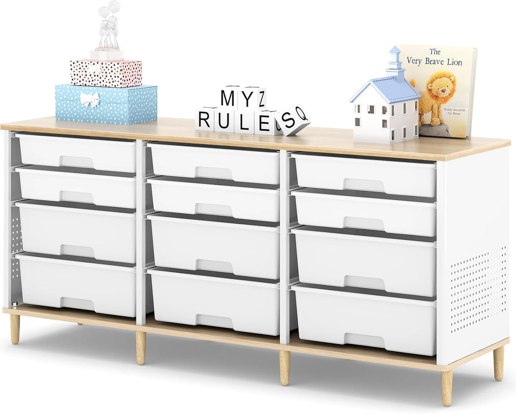12 Drawers Storage Cabinet with Wooden Top and Plastic Bins, Toy Shelf Storage Chest Cubby Organizer for Home, Office, Playroom, Classroom & Craft Room Storage (White)