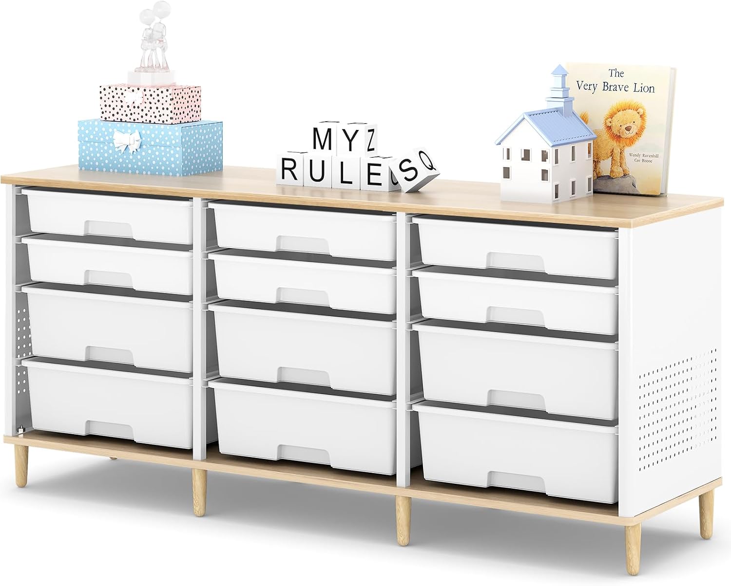 12 Drawers Storage Cabinet with Wooden Top and Plastic Bins, Toy Shelf Storage Chest Cubby Organizer for Home, Office, Playroom, Classroom & Craft Room Storage (White)
