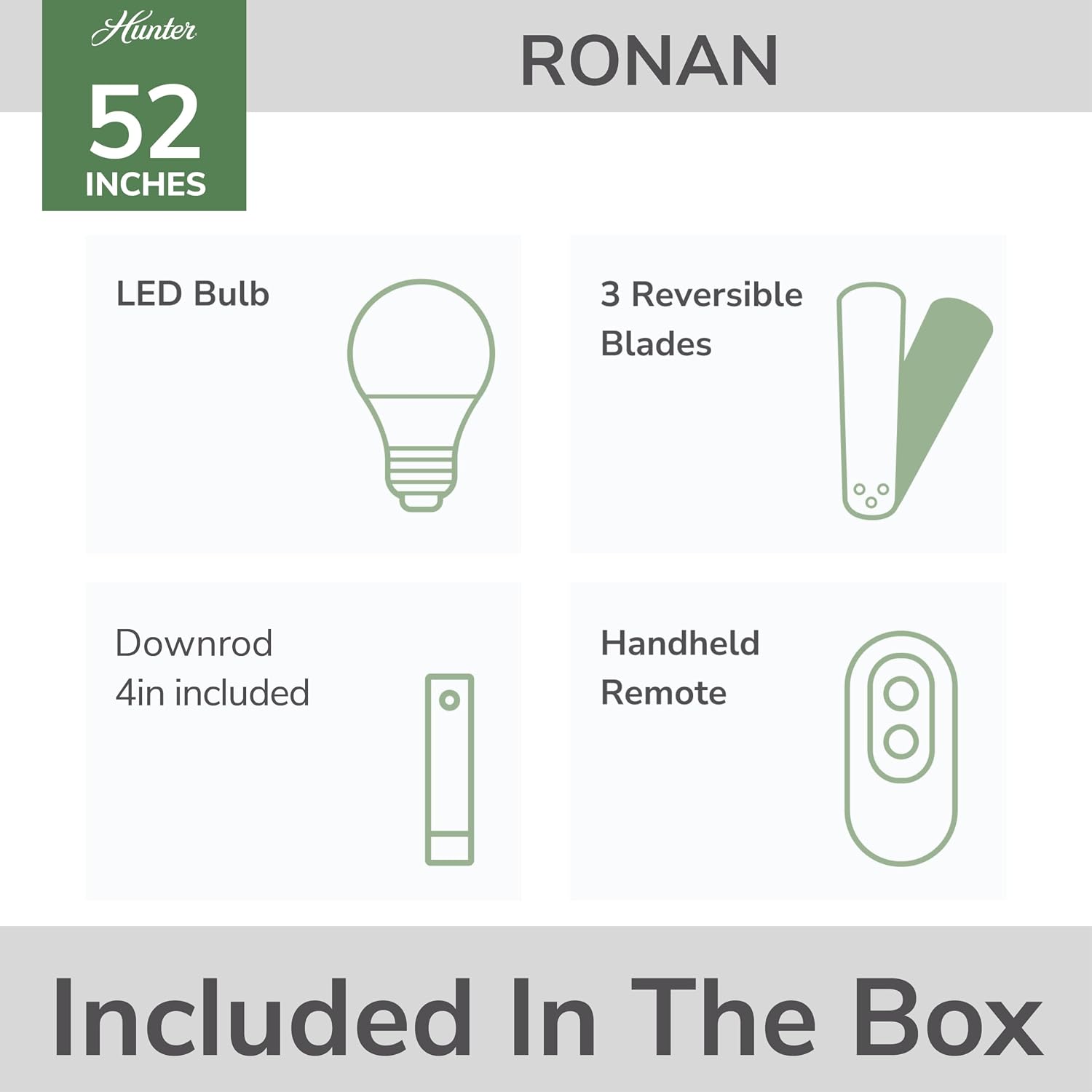 Hunter 52 inch Indoor Ceiling Fan with LED Light and Remote Control - Modern White Ceiling Fan, Standard Mount, 3 Blades, For Bedroom, Living Room, or Kitchen, Quiet - Ronan 59238, Fresh White