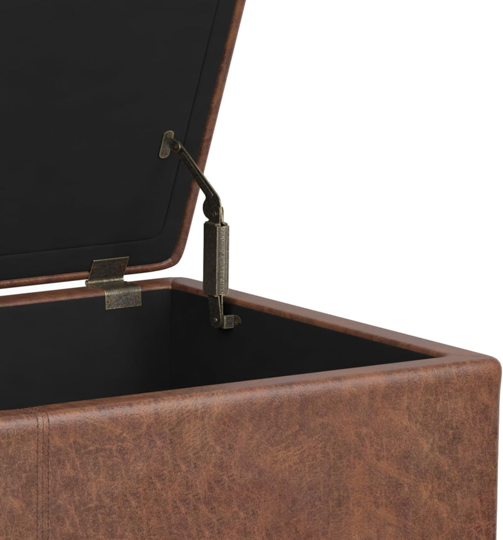 SIMPLIHOME Avalon Extra Large Storage Ottoman Bench - 54 inch Wide Upholstered Vegan Leather Rectangular Lift-Top Ottoman in Distressed Saddle Brown, Contemporary Bench for Living Room with Storage
