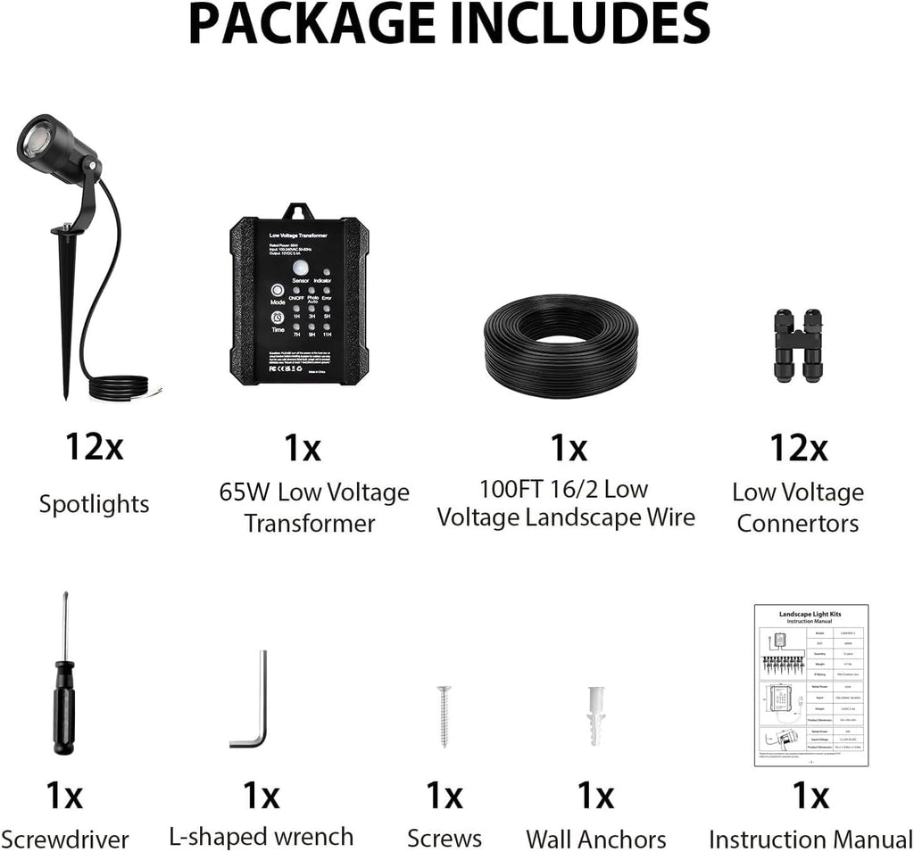 All-in-One Low Voltage Landscape Lighting Kit, 6W 3000K Outdoor LED Landscape Spotlights with 65W Transformer, 100FT 16/2 Wire & Connectors, Perfect for Yard, Garden, Deck, 12V-24V AC/DC, 12Pack