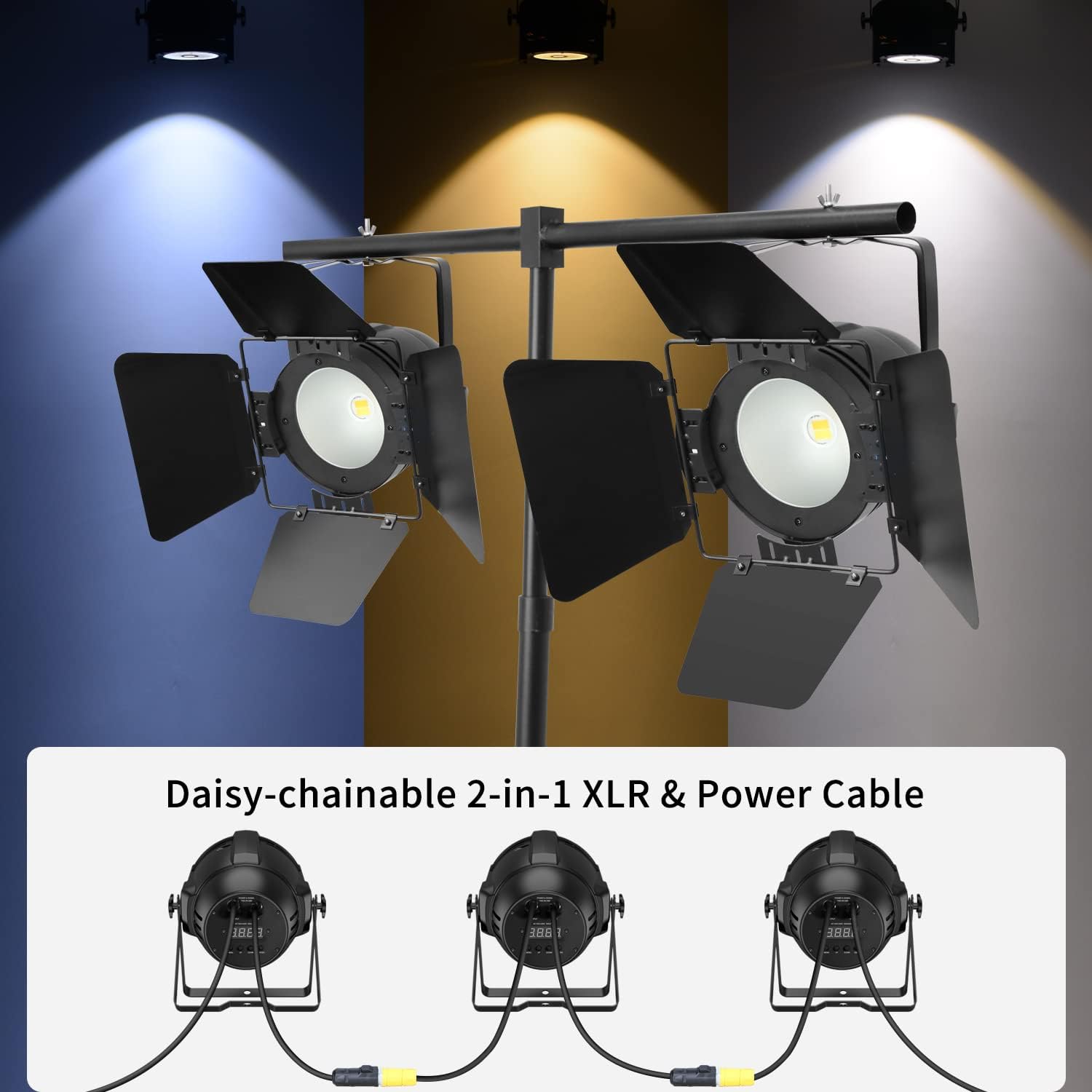 BETOPPER Stage Spotlights with/Barn Door, 200W COB Stage Lights, Warm & Cold White LED DMX Lights, Master-Slave Spot Light Strobe Lighting, Fresnel Light for Church Wedding Theater Photo Studio(4)