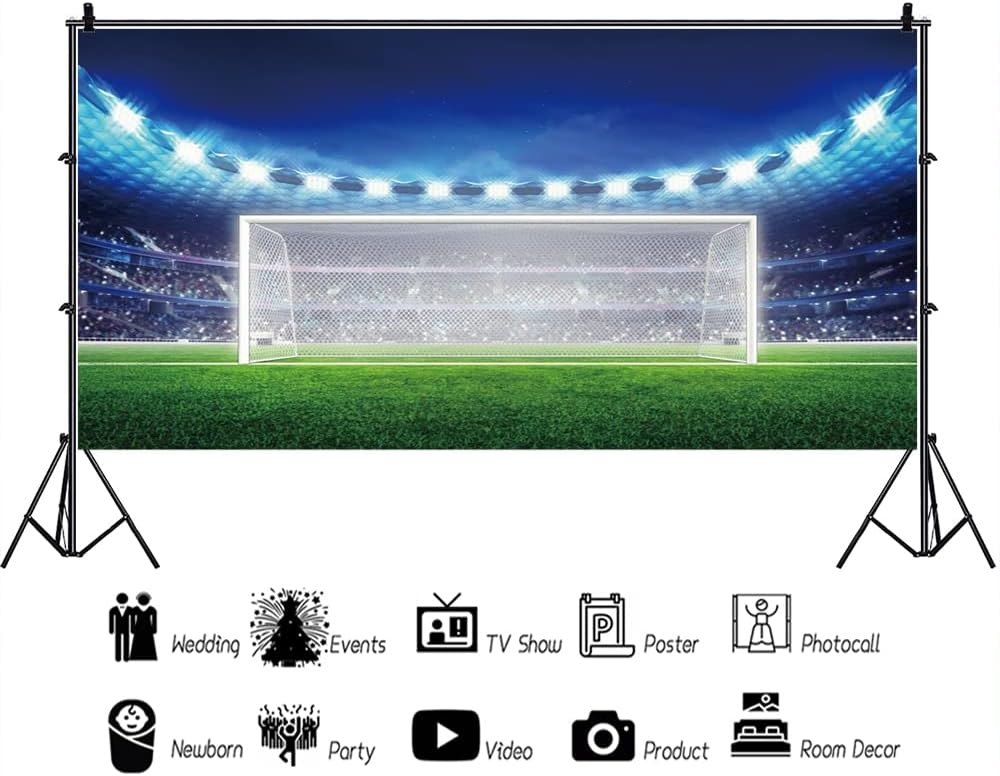 AOFOTO 20x10ft Soccer Field Background Football Pitch Goal Post Ball Game Stadium Spotlight Photography Backdrop Lawn Sports Club Fitness Player School Match Photo Studio Props Kid Boy Event Wallpaper