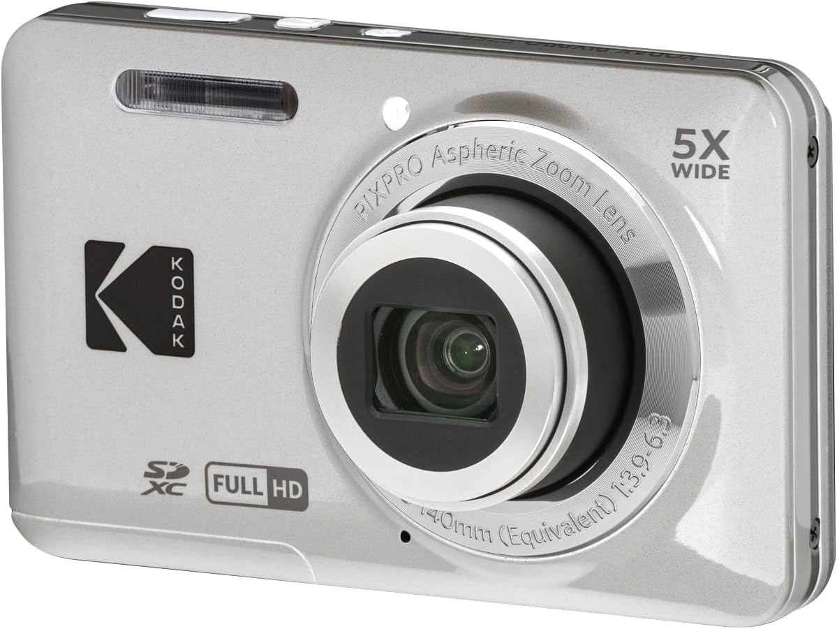 KODAK PIXPRO FZ55-BK 16MP Digital Camera 5X Optical Zoom 28mm Wide Angle 1080P Full HD Video 2.7' LCD Vlogging Camera. Bundle with SD Card and Slinger Camera Bag (Silver)