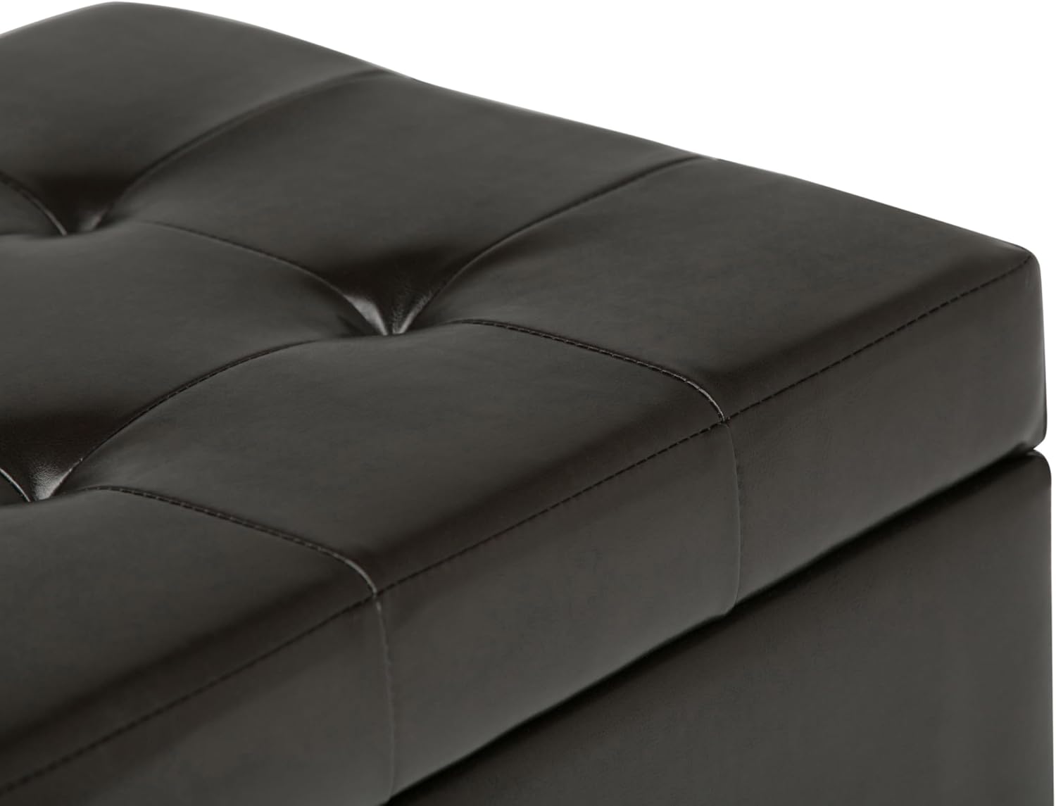 SIMPLIHOME Cosmopolitan Storage Ottoman - 34 inch Wide Upholstered Vegan Leather Rectangle Storage Ottoman Bench in Tanners Brown, Transitional Tufted Ottoman for Living Room with Lift-Up Lid